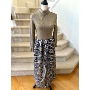 Vintage 60s/70s Metallic Gold & Navy Brocade Turtleneck Hostess Maxi Dress